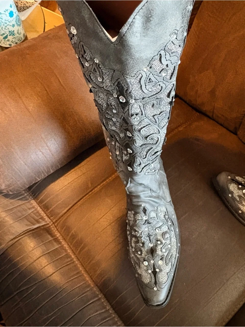 Embellished rhinestone sparkles Dark Grey Wide Calf Women's Tall Western Boot